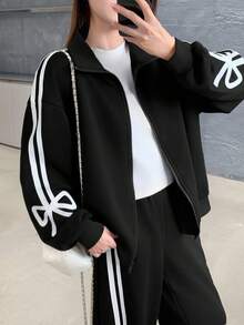 Tween Girl Knit Solid Color Contrast Tape Cardigan & Wide Leg Pants Casual Suit - Black - View 7