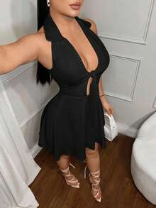 SHEIN SXY 前部打结挂脖 A 字迷你裙 - 黑色 - 查看 5