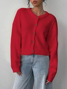 SHEIN BASICS 女式纯色圆领长袖单排扣休闲开衫，秋季 - 彩色 - 查看 7