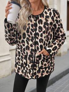 EMERY ROSE 女士时尚豹纹双口袋夹克，秋冬女士冬装冬季外套冬季外套女士冬装女士冬季外套女士冬装女士秋季服装 - 棕色 - 查看 9