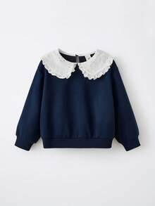 Maija Kids Maija Kids Navy Blue Peter Pan Collar Sweatshirt For Girls Cute Eyelet Embroidery Drop Shoulder Pullover Kids Sweater In Polyester For Everyday Casual Wear Fall Winter