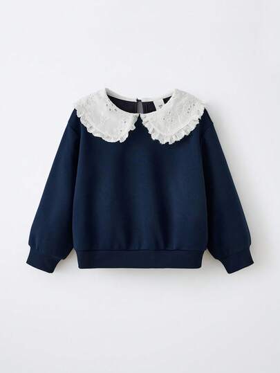 Maija Kids Maija Kids Navy Blue Peter Pan Collar Sweatshirt For Girls Cute Eyelet Embroidery Drop Shoulder Pullover Kids Sweater In Polyester For Everyday Casual Wear Fall Winter