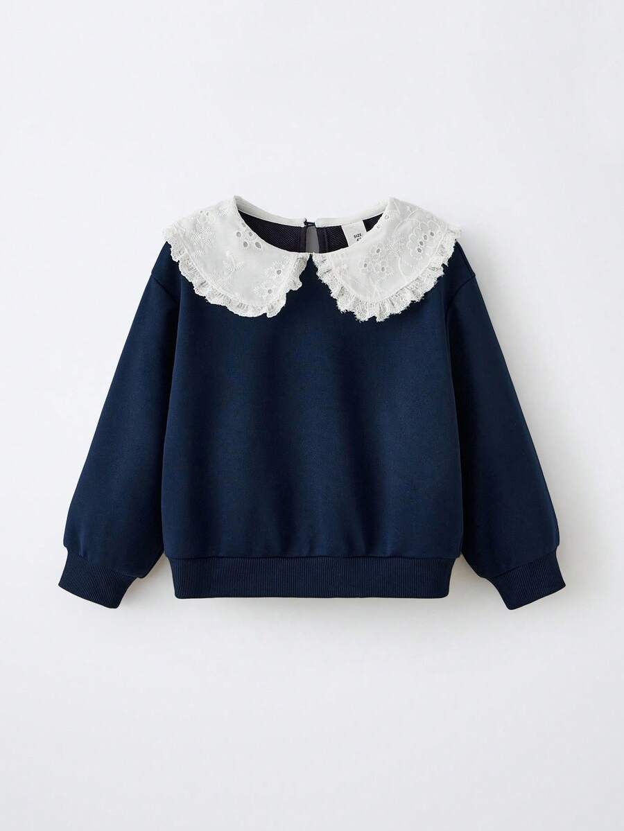 Maija Kids Maija Kids Navy Blue Peter Pan Collar Sweatshirt For Girls Cute Eyelet Embroidery Drop Shoulder Pullover Kids Sweater In Polyester For Everyday Casual Wear Fall Winter