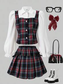 SHEIN Sparklyn Tween Girls Plaid Collared Puff Sleeve Cardigan Top With Elastic Waist Pleated Skirt, Academic Style For Spring & Autumn Fall Winter