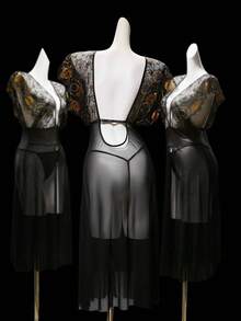 SHEIN 万圣节深 V 蕾丝撞色网眼女式性感睡袍 + T 裤两件套 - 黑色 - 查看 6