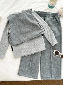 SHEIN 3pcs Young Girl Autumn/Winter Outfit Set: Asymmetrical Top + Ribbed Turtleneck Sweater + Wide Leg Pants - Grey - View 2