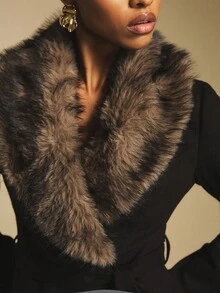 Poéselle Women's Fashionable Elegant Tie-Front Slim-Fit Coat With Detachable Faux Fur Collar-Fall/Winter Holiday Season,Black Cropped Jacket,Black Fur Coat,Teddy Coat,Winter Women Coat, Fur Coat Women, Women Winter Clothes, Black Blazer For Women - Black - View 3