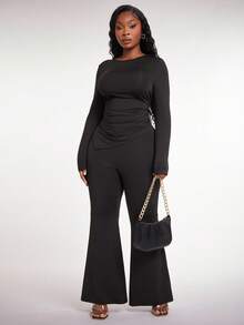 SHEIN SXY 大码女装秋冬性感黑色紧身长袖小立领腰聚拢斜下摆开衩背心和紧身裤两件套，适合性感办公室。 - 黑色 - 查看 3