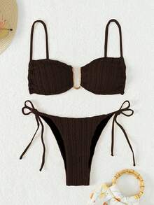 Swim Basics 夏季海滩纹理细肩带细肩带比基尼套装带分离式细肩带比基尼套装 - 咖啡棕 - 查看 7