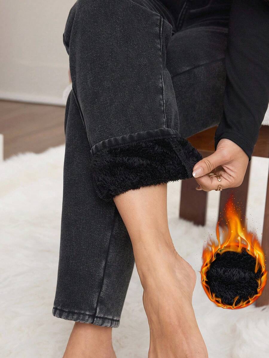 SHEIN PETITE 秋冬季女士休闲通勤简约纯色高腰保暖修身牛仔裤 - 黑色 - 查看 1