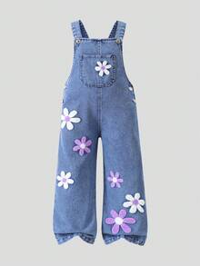 SHEIN 女童牛仔背带裤和连体裤 女童碎花装饰可爱背带裤 Y2K学院风休闲可爱复古2000千禧风波西米亚立体花朵紫色和白色花朵刺绣舒适棉质牛仔布柔软日常外出上学通勤聚会居家度假万圣节圣诞节中国新年女童新款时尚雪花水洗设计爆炸刺绣阔腿牛仔裤开学第一天秋冬季 - 藏蓝色 - 查看 7