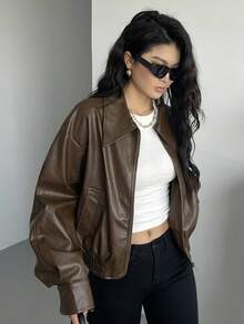 DAZY 复古美式风格 PU 皮夹克女士新款宽松休闲短款机车飞行员外套秋冬 - 棕色 - 查看 4