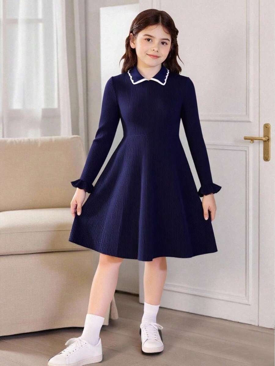 Tween Girl 法式优雅束腰连衣裙，海军蓝，春/秋/冬 - 黑色 - 查看 1