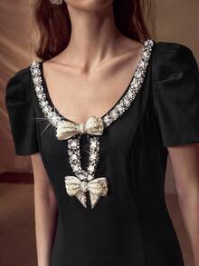 MOTF PREMIUM Váy đính nơ đính đá lấp lánh - màu đen - Xem 3