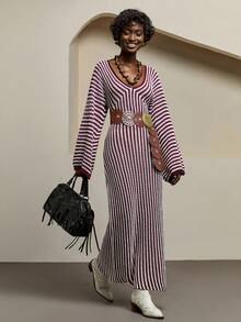 Bóhologie 女士 V 领条纹露背低胸针织罩衫沙滩装连衣裙