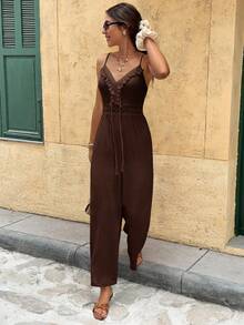 Serisse Women's Vacation Casual Fringe Decor Jumpsuit Summer Brown