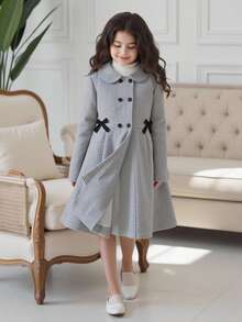 SHEIN Abrigo largo cruzado de doble botonadura con decoración de lazo para niña preadolescente, ideal para vacaciones, verano y viajes