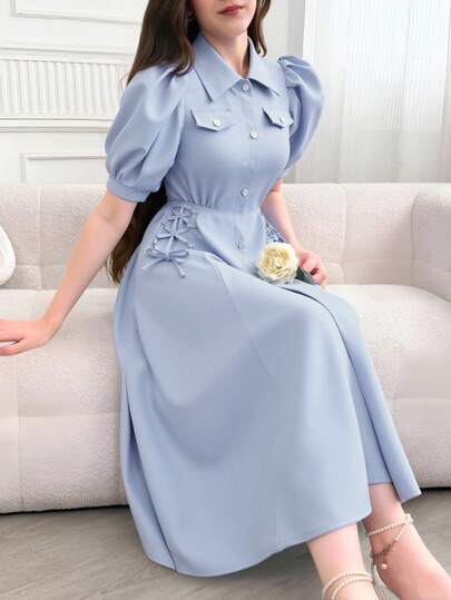 SHEIN Vestido de camisa casual de verano para adolescentes con mangas abultadas, decoración de lazo y cintura ajustable en color liso
