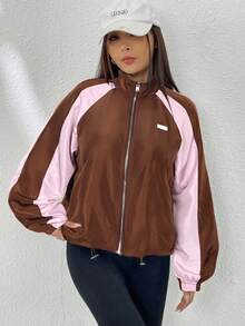 SHEIN EZwear 秋季拼色插肩袖抽绳下摆拉链风衣夹克 - 彩色 - 查看 4