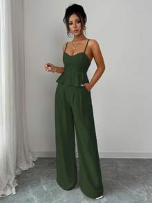 Selianne Women's Apricot Elegant Sleeveless Crop Top And Straight Leg Pants 2 Pieces Set, Summer - Army Green - View 3