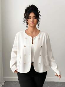 Elenzga Plus Size Double-Breasted Short Jacket Fall Winter Cloth For Women Autumn - Beige - View 3