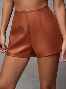 SHEIN BAE 女士复古勃艮第性感皮革 PU 迷你短裤，适合派对、万圣节、圣诞节、感恩节、性感美人鱼办公室穿着 - 鏽棕色 - 查看 3