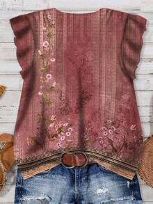 Rusticease 休闲复古碎花图案V领女式衬衫，适合夏季穿着，时尚百搭。 - 紅木色 - 查看 5