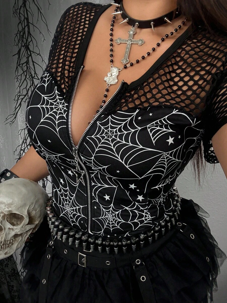 Whyspr Grunge Punk Plus Size Spider Web Mesh Patchwork Zip-Up T-Shirt, Dark Style - Multicolor - View 1