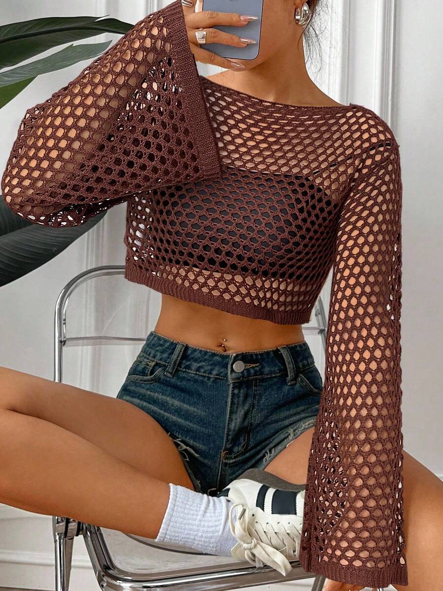 SHEIN EZwear Casual Loose Knit Sweater With Large Mesh Design - Brown - View 1