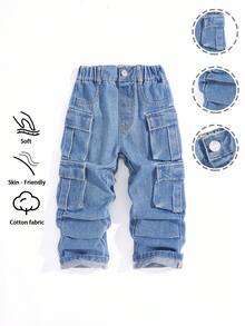 Toddler Boys' Washed Blue Non-Stretch Loose Straight Leg Cargo Pants, Multi-Functional Accordion Pockets, Pleated Workwear Style, Street Fashion, Casual, Vacation, Lightweight, Spring/Autumn Fall Winter - Medium Wash - View 3