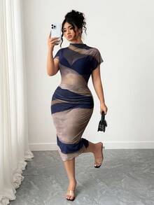 Elenzga Plus Size Women's Tie-Dye Print Mandarin Collar Batwing Short Sleeve Ruffle Fitted Sexy Dress