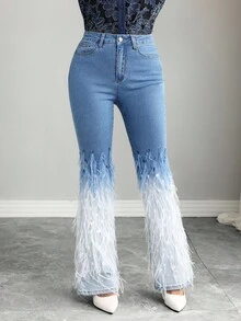 Elenzga Patchwork Fringe Flare Jeans - Medium Wash - View 3