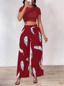 INAWLY 2pcs/Set Women Solid Color Round Neck Crop Top & Feather Print Pants Casual Outfit - Burgundy - View 7