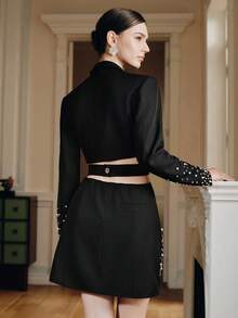 Anewsta Women's High-End Fashion Bubble Bead Fitted Mandarin Collar Blazer - Black - View 2