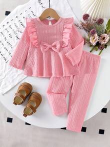 Girls Casual Elegant Daily Round Neck Raglan Long Sleeve Ruffle Waist Bow Textured Fabric T-Shirt With Elastic Waist Solid Color Pants Set, Suitable For All Seasons Fall Winter - Pink - View 3