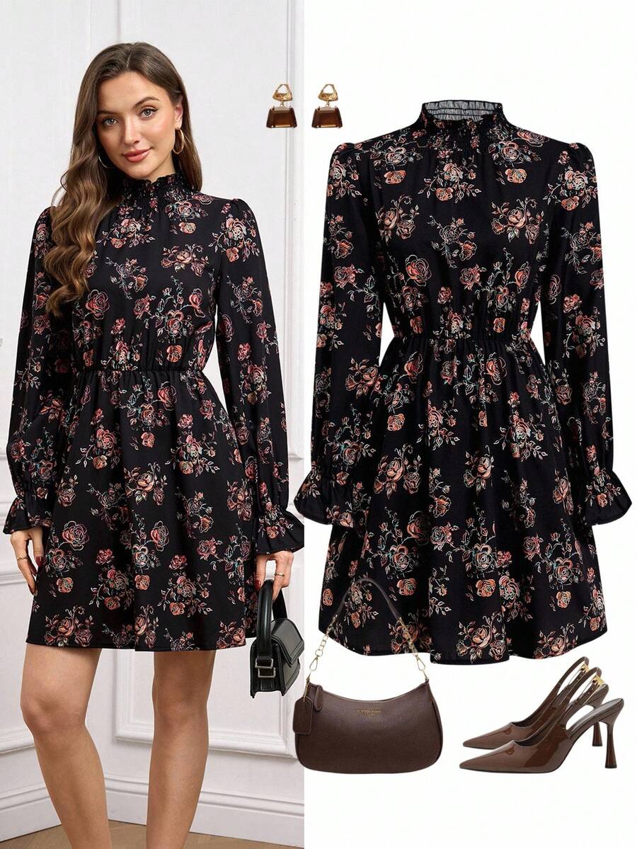 Ellevyn Women's Elegant Floral Print Commuter Dress - Black - View 1