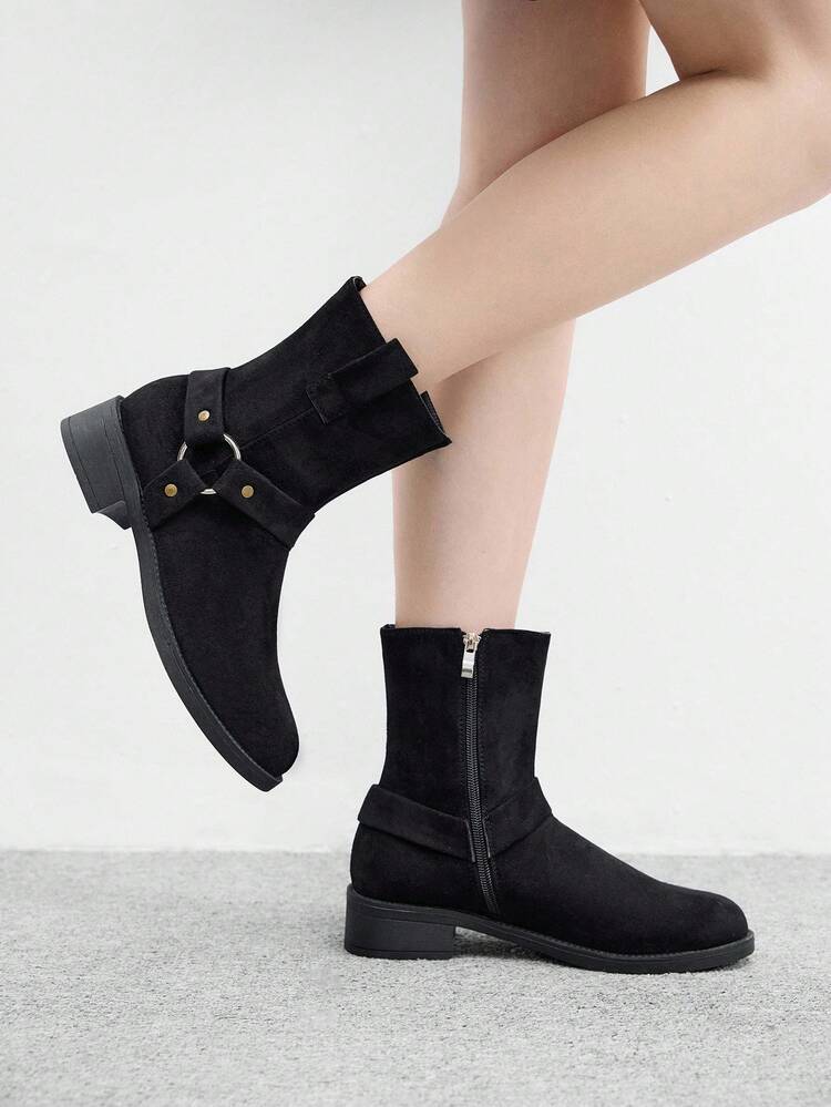 CUCCOO BIZCHIC Botas de tobillo clásicas de mujer con punta redonda, de ante negro y cremallera lateral, botines planos y versátiles para el uso diario