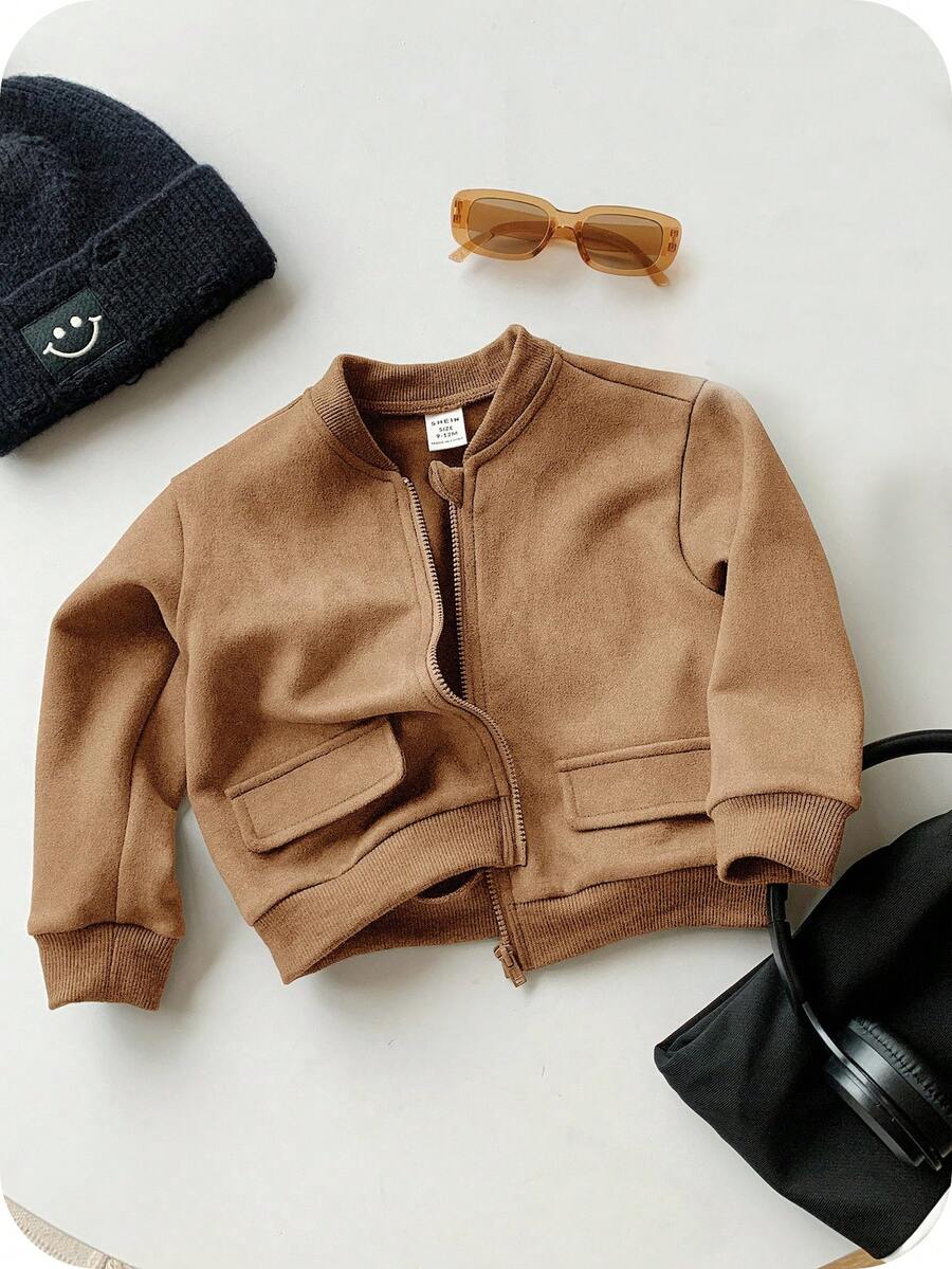SHEIN Jaket Baseball Bayi Laki-laki, Saku Tempel Kasual, Kain Bertekstur Suede Lembut, Pakaian Luar Nyaman untuk Aktivitas Luar Ruangan, Musim Gugur/Musim Dingin - Coklat - View 1