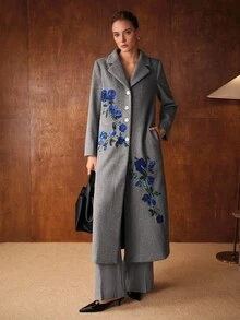 MOTF PREMIUM معطف كبير مزين بأزرار من الترتر متباينة الألوان - رمادي غامق - مشاهدة 5