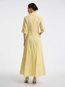 Aalyst 女士优雅、迷人、休闲、通勤、知性、成熟、温柔腰部收褶喇叭下摆简约衬衫连衣裙 - 黃色 - 查看 2