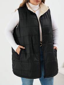 SHEIN CURVE+ Áo khoác cổ cao có túi khóa kéo cỡ lớn dành cho nữ, thích hợp cho mùa đông, mùa thu/mùa thu/mùa đông, áo vest phao - màu đen - Xem 5