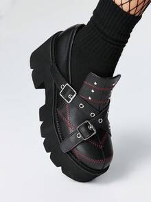 ROMWE Grunge Punk Damen neue Plateau-Keilabsatz-Loafers mit runder Zehenpartie