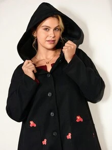 Momelise 大码女式休闲连帽印花口袋长袖大衣