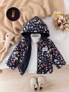 SHEIN 复古碎花连帽夹克，适合女婴，拉链开合，保暖内衬，休闲时尚冬季外套 - 藏蓝色 - 查看 3