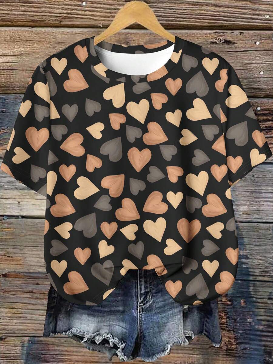 EMERY ROSE Casual Minimalist All-Over Print Plus Size Summer T-Shirt Suitable For Going Out - Multicolor - View 1