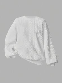 SHEIN Girlism Teen Girls' Casual Textured Solid Color Loose Fit Crew Neck Sweatshirt, Autumn Fall Winter - White - View 4