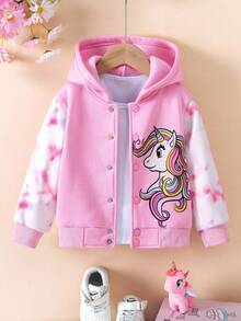 Elladie kids 女童独角兽扎染印花连帽棒球夹克 秋冬独角兽服装夹克 带帽夹克 女童连帽衫 女童卡通夹克 - 粉色 - 查看 2