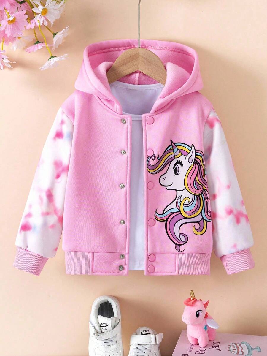 Elladie kids 女童独角兽扎染印花连帽棒球夹克 秋冬独角兽服装夹克 带帽夹克 女童连帽衫 女童卡通夹克