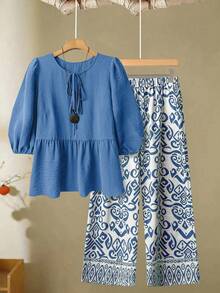 Linhara Plus Size Women Solid Color Bow Front Blouse & Floral Print Wide Leg Pants Casual 2 Pieces Set - Blue - View 1