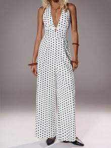 TRNVIE 1pc Women's Polka Dot Print Jumpsuit, Deep V-Neck Halter Design, Sleeveless Hollow-Out Non-See-Through, Sexy Open Back For Daily, Commute, Elegant, Retro - Black and White - View 5